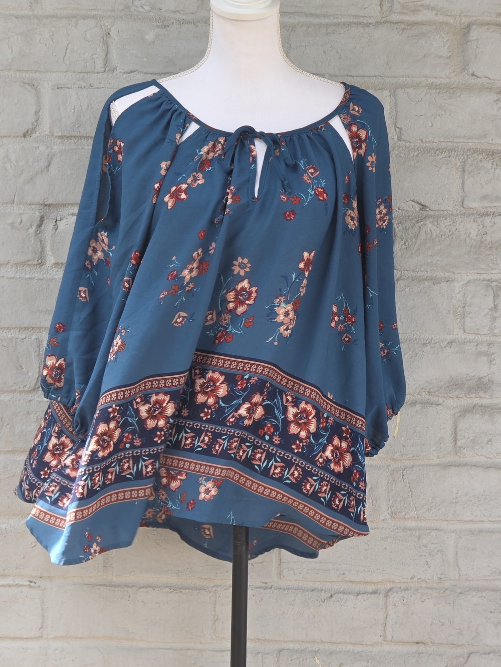 Women's Teal Floral Peasant Blouse - Brand